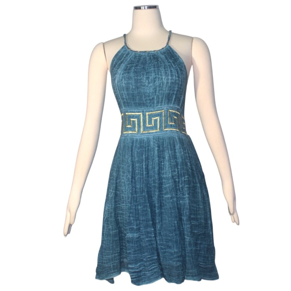 Crinkled Cotton Gauze Sundress Halter Dress Boho Greek Key Beach Resort S M